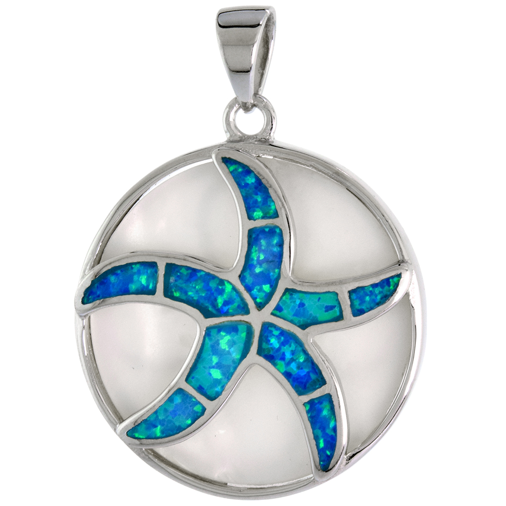 STERLING SILVER SYNTHETIC OPAL STARFISH PENDANT FOR MEN & WOMEN MOTHER OF PEARL 1 INCH DISK