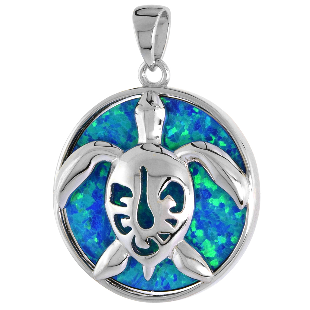 Sterling Silver Sea Turtle Pendant for Men &amp; Women Hawaii Honu Synthetic Opal 1 inch Disk