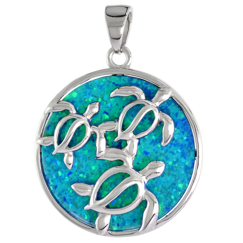 STERLING SILVER HAWAII HONU SEA TURTLES PENDANT FOR MEN & WOMEN SYNTHETIC OPAL 1 INCH DISK
