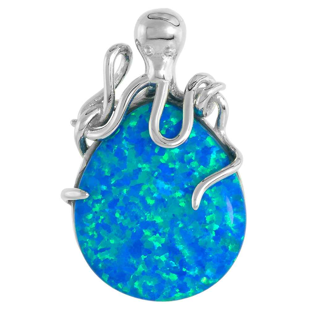 Sterling Silver Synthetic Opal Octopus Pendant for Women 20x17mm Teardrop 1 1/8 inch w/ NO Chain