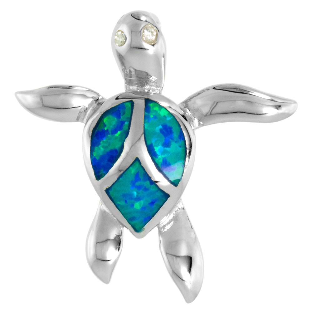 HAWAIIAN DESIGN STERLING SILVER SYNTHETIC OPAL TEARDROP SEA TURTLE PENDANT FOR WOMEN 1 INCH W/ NO CHAIN