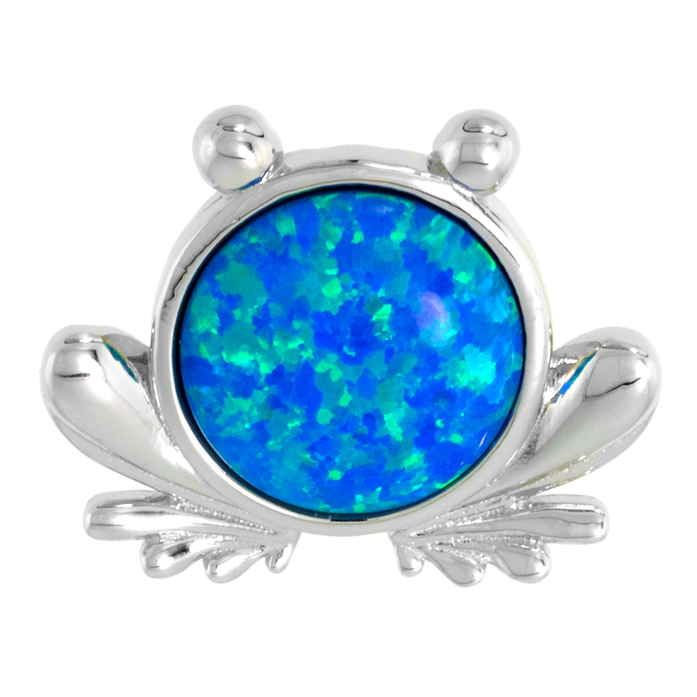 Sterling Silver Synthetic Opal Frog Pendant for Women 11mm Round Cabochon 11/16 inch w/ NO Chain