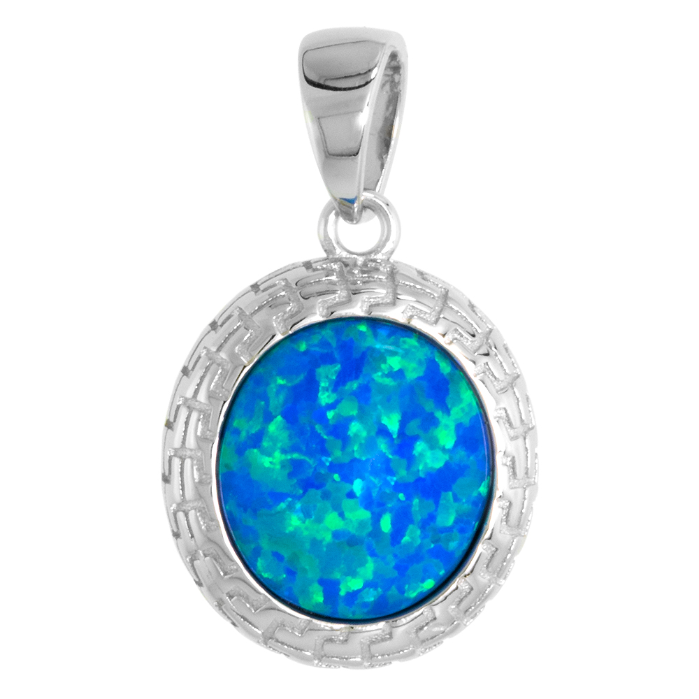 Sterling Silver Synthetic 10mm Round Cabochon Opal Pendant for Women Engraved Bezel 5/8 inch w/ NO Chain