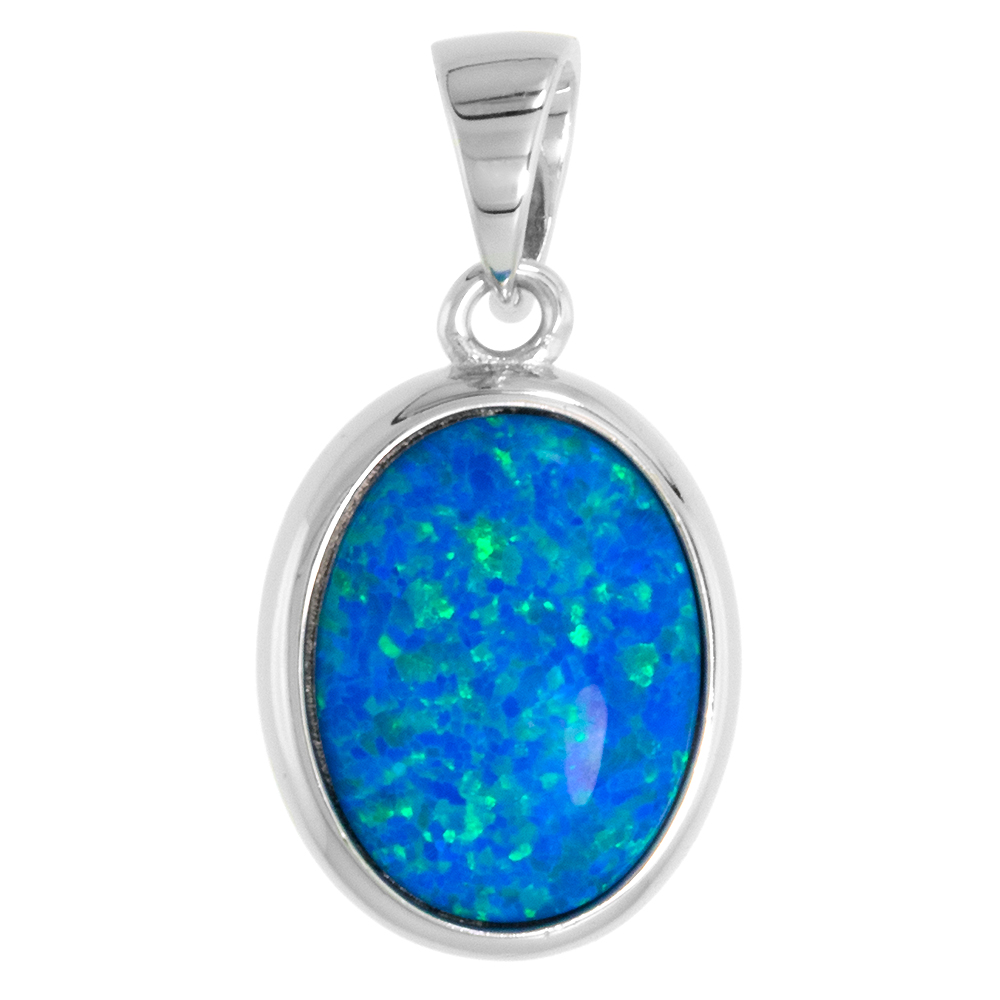STERLING SILVER SYNTHETIC 11X9MM OVAL CABOCHON OPAL PENDANT FOR WOMEN 9/16 INCH W/ NO CHAIN