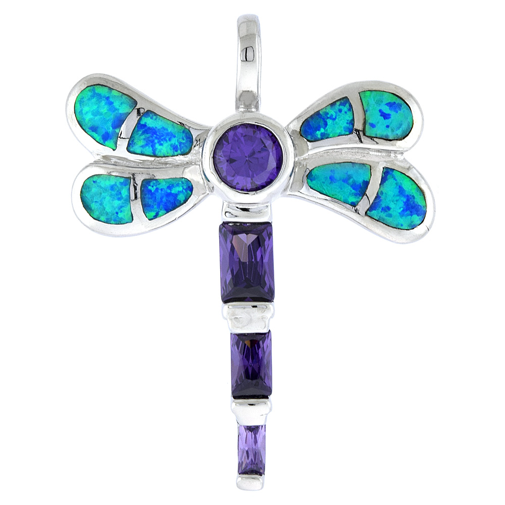 STERLING SILVER SYNTHETIC OPAL DRAGONFLY PENDANT HAND INLAY AMETHYST CZ CUBIC ZIRCONIA ACCENT 1 3/8 INCH