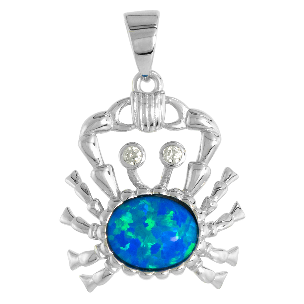 STERLING SILVER SYNTHETIC OPAL CRAB PENDANT 9X7MM OVAL CABOCHON CZ EYES3/4 INCH W/ NO CHAIN
