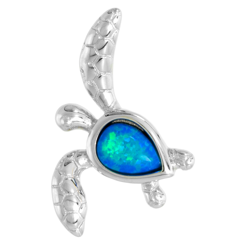 Dainty Sterling Silver Synthetic Opal Sea Turtle Pendant Women 6X4mm Teardrop Cabochon 7/8 inch NO Chain