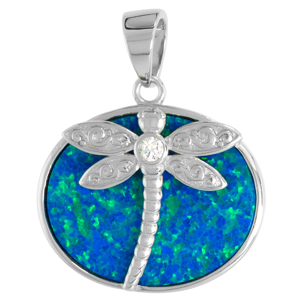 STERLING SILVER SYNTHETIC OPAL DRAGONFLY PENDANT WOMEN 19X15MM OVAL INLAY CZ ACCENT 11/16 INCH NO CHAIN