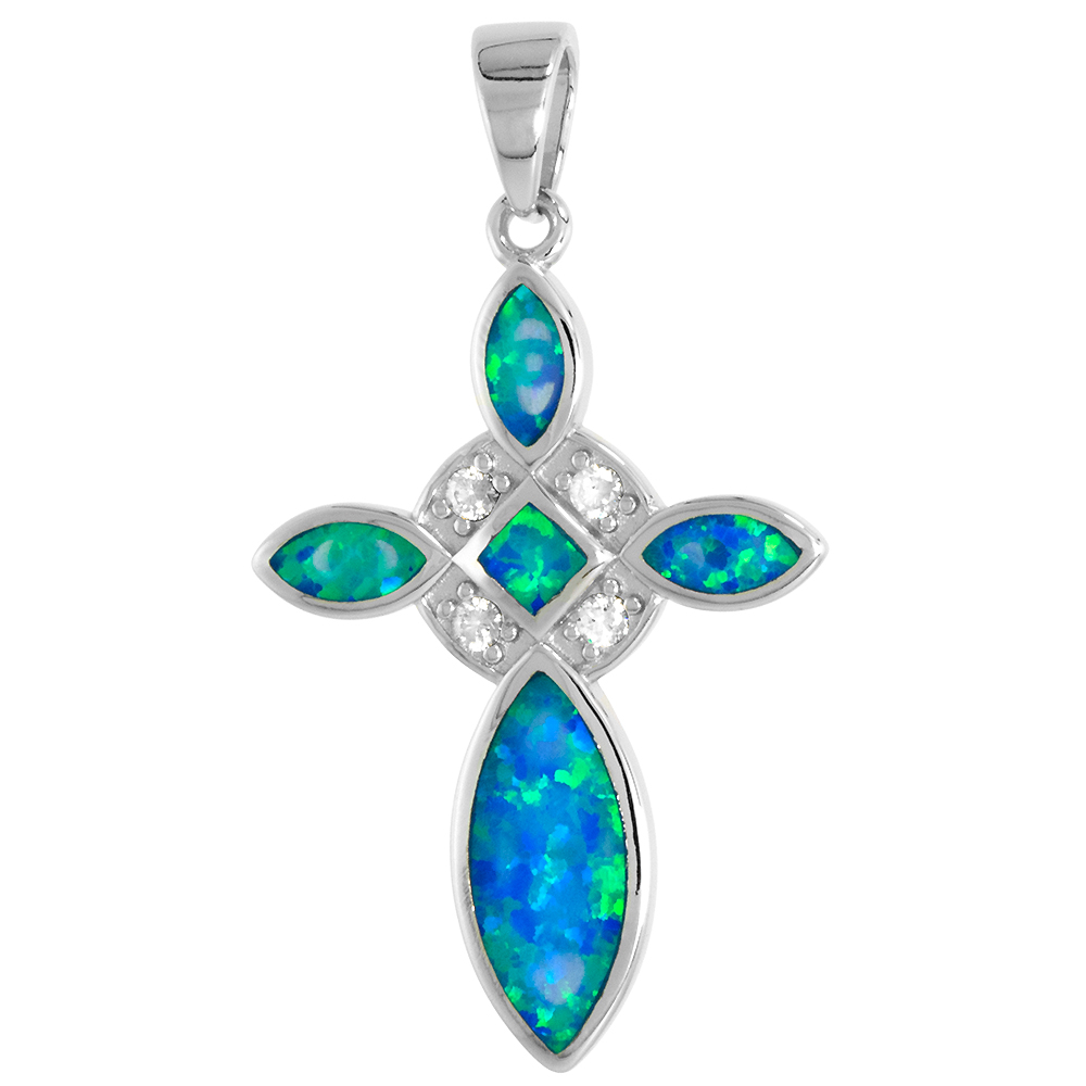 STERLING SILVER SYNTHETIC OPAL CELTIC CROSS PENDANT FOR WOMEN CZ ACCENT 1 3/16 INCH W/ NO CHAIN