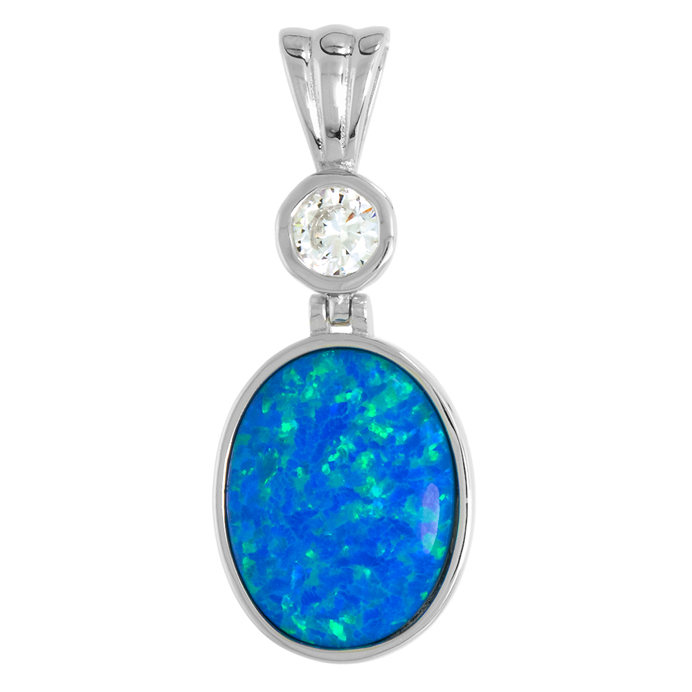 STERLING SILVER SYNTHETIC 15X13MM OVAL CABOCHON OPAL PENDANT FOR WOMEN CZ BALE 1 INCH W/ NO CHAIN