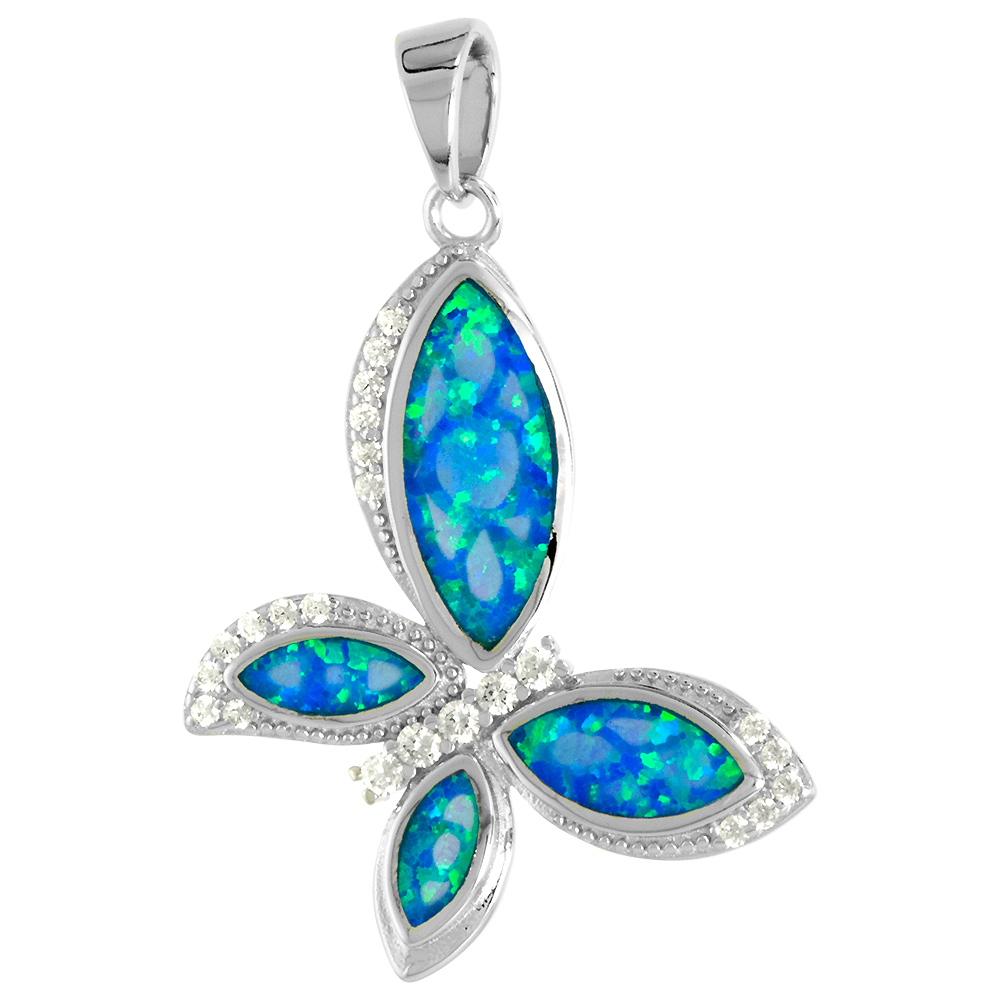 Sterling Silver Synthetic Opal Sideway Butterfly Pendant for Women CZ Accent 1 1/8 inch w/ NO Chain