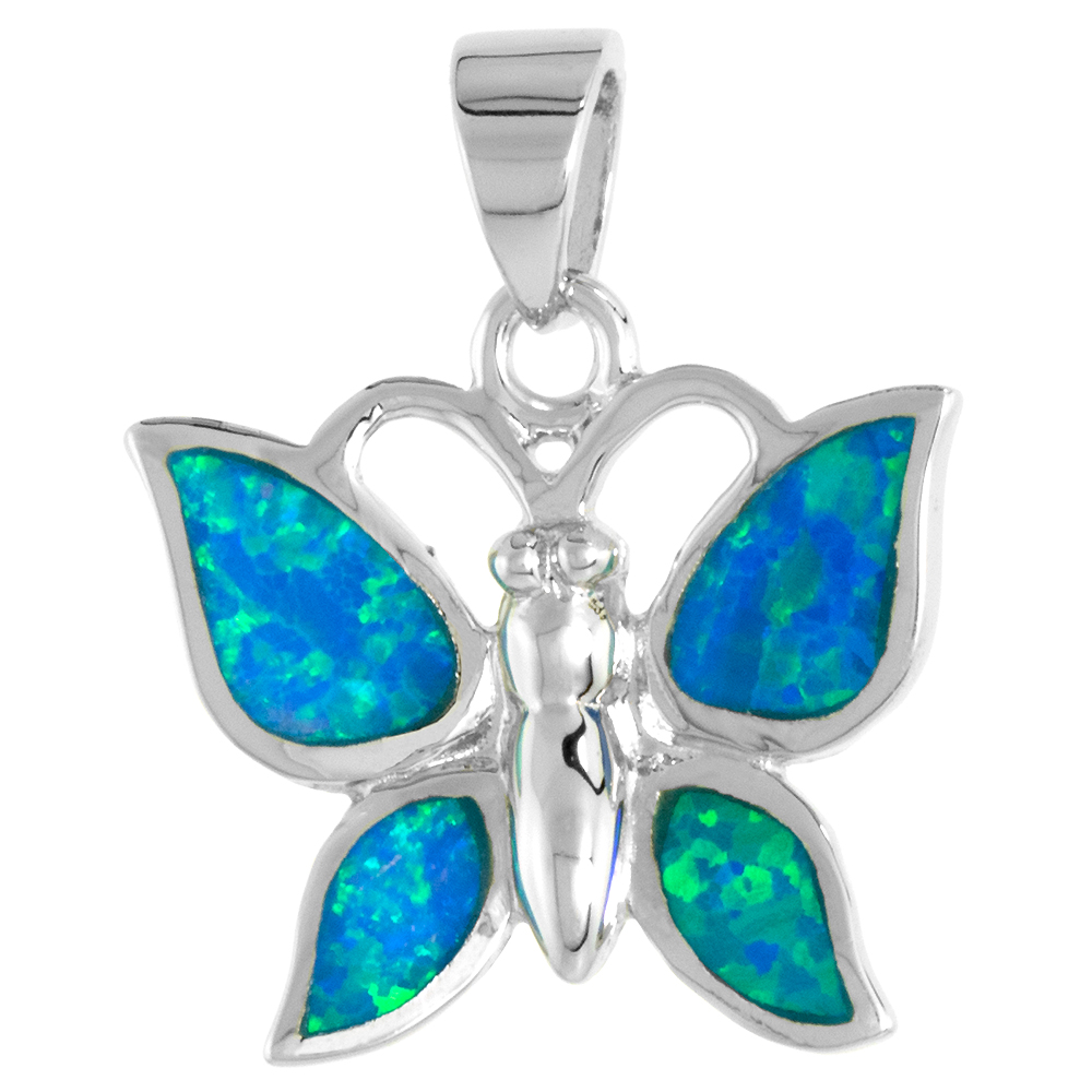 STERLING SILVER SYNTHETIC OPAL PLAIN BUTTERFLY PENDANT FOR WOMEN 5/8 INCH W/ NO CHAIN