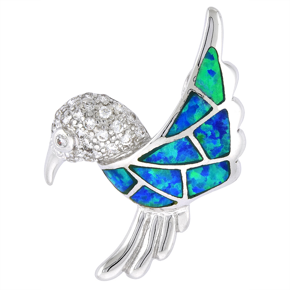 STERLING SILVER SYNTHETIC OPAL HUMMINGBIRD PENDANT FOR WOMEN HAND INLAY & CZ STONES 1 1/4 INCH TALL