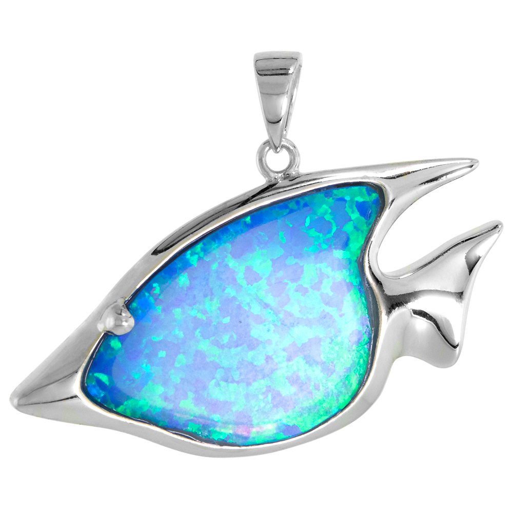STERLING SILVER SYNTHETIC OPAL TROPICAL FISH PENDANT FOR WOMEN 3/4 INCH W/ NO CHAIN