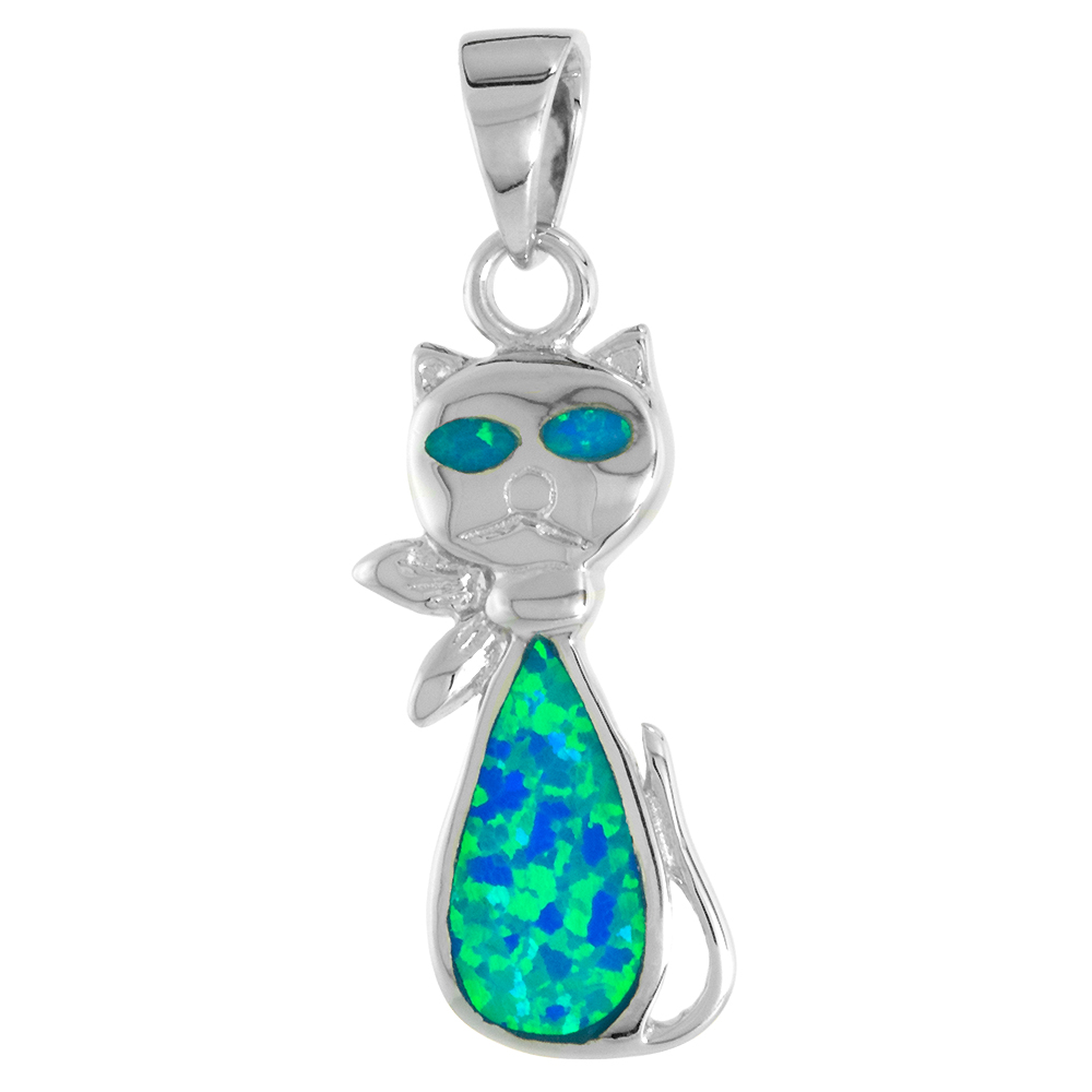 STERLING SILVER SYNTHETIC OPAL CAT PENDANT FOR WOMEN 11X6MM TEARDROP INLAY 7/8 INCH W/ NO CHAIN