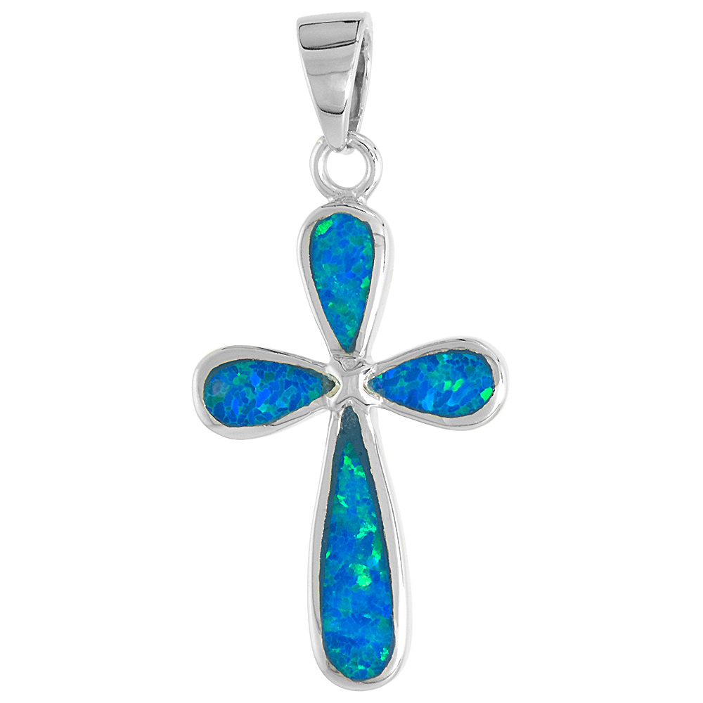 STERLING SILVER SYNTHETIC OPAL EVERLASTING CROSS PENDANT FOR WOMEN 1 INCH W/ NO CHAIN