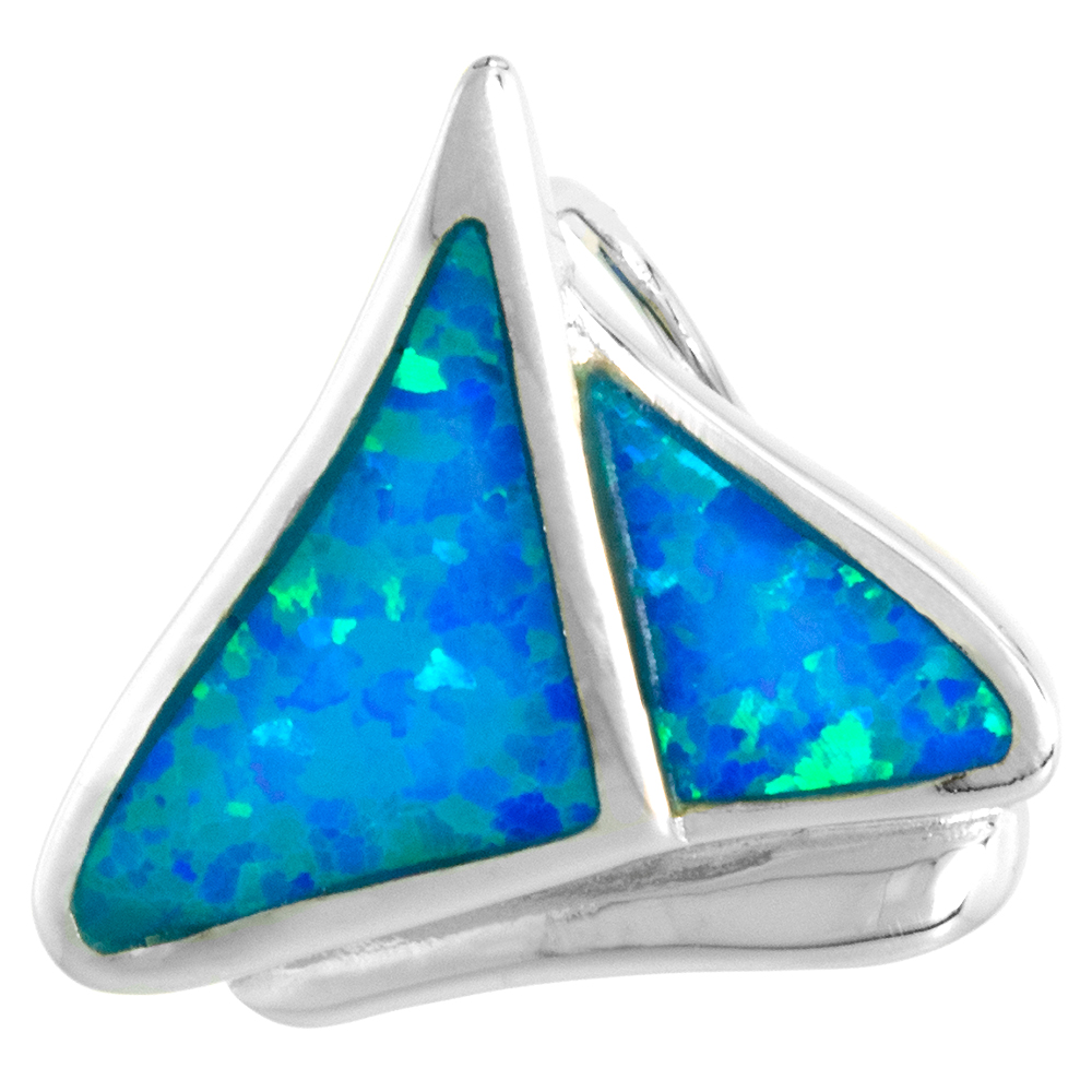 STERLING SILVER SYNTHETIC OPAL SAILBOAT PENDANT FOR WOMEN SLIDE BALE 3/4 INCH W/ NO CHAIN