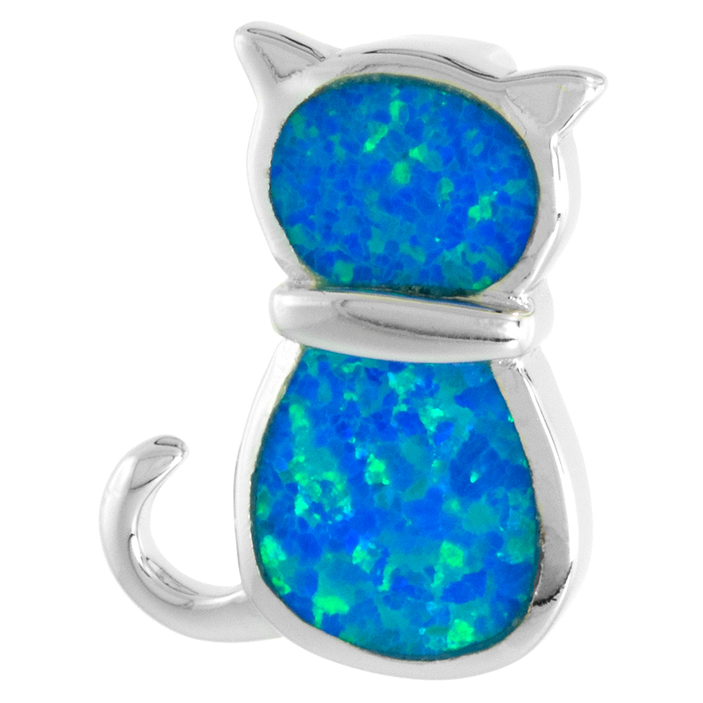 STERLING SILVER SYNTHETIC OPAL CATS BACK PENDANT FOR WOMEN 3/4 INCH W/ NO CHAIN