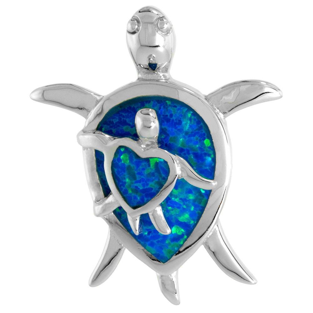 STERLING SILVER SYNTHETIC OPAL MOTHER SEA TURTLE PENDANT FOR WOMEN HEART BODY 1 INCH W/ NO CHAIN