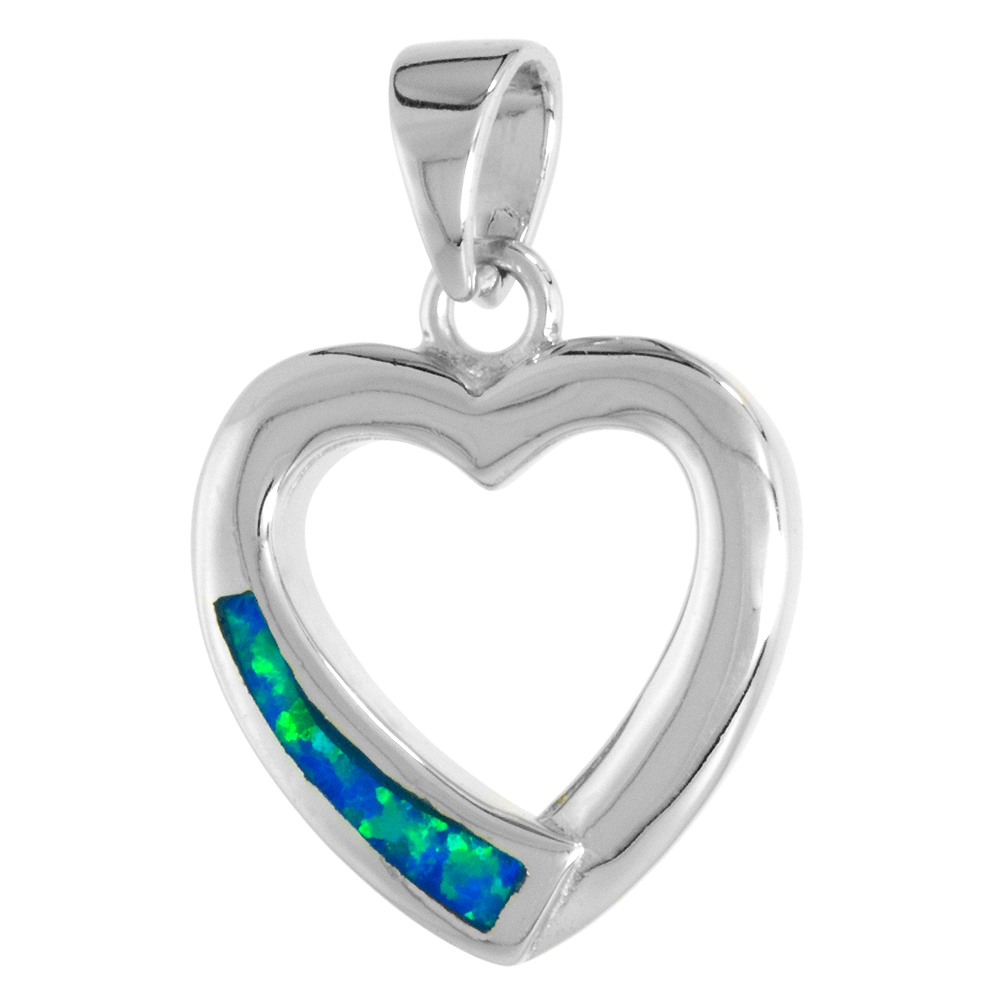 STERLING SILVER SYNTHETIC OPAL OPEN HEART PENDANT FOR WOMEN 5/8 INCH W/ NO CHAIN