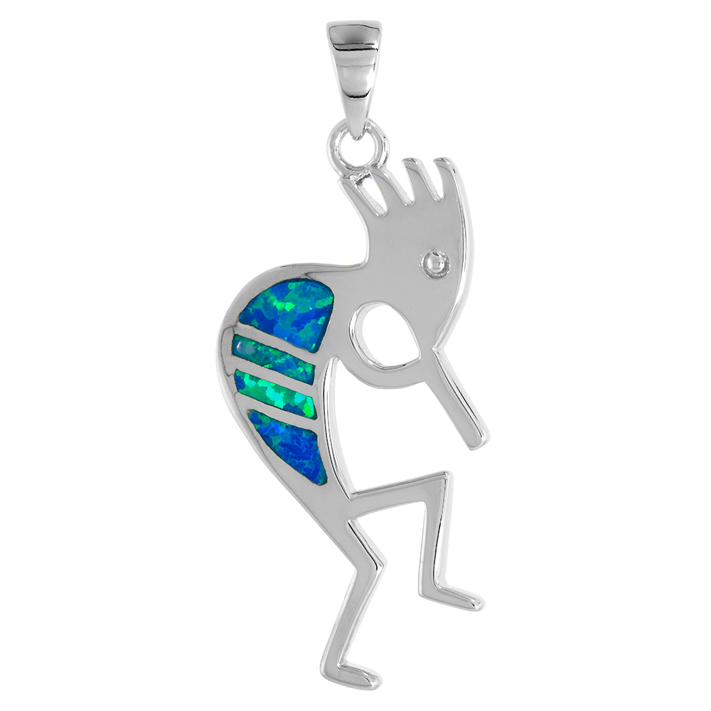 STERLING SILVER SYNTHETIC OPAL KOKOPELLI PENDANT FOR WOMEN 1 1/4 INCH W/ NO CHAIN