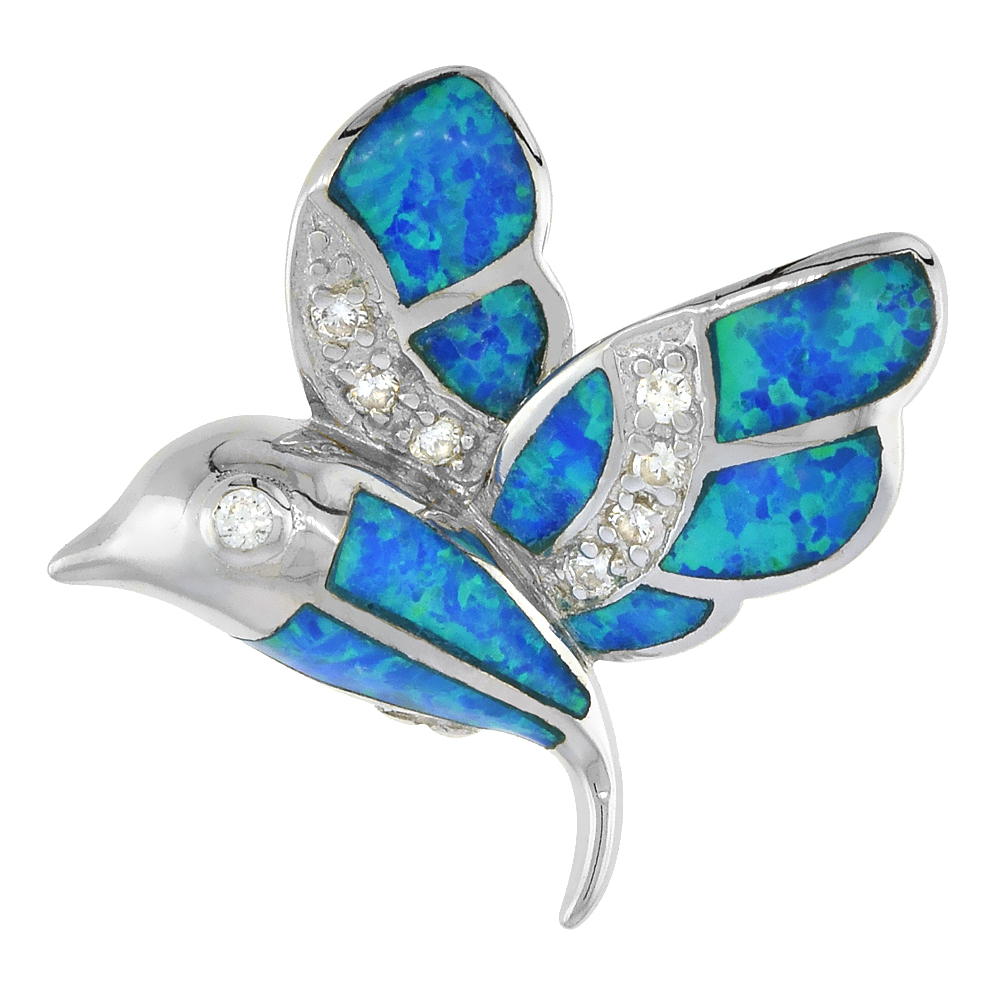 STERLING SILVER SYNTHETIC OPAL HUMMINGBIRD PENDANT FOR WOMEN HAND INLAY & CZ STONES 1 INCH