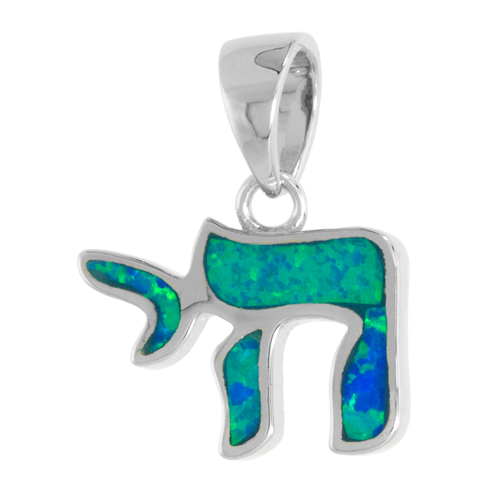 SMALL STERLING SILVER SYNTHETIC OPAL CHAI PENDANT FOR WOMEN 3/8 INCH W/ NO CHAIN