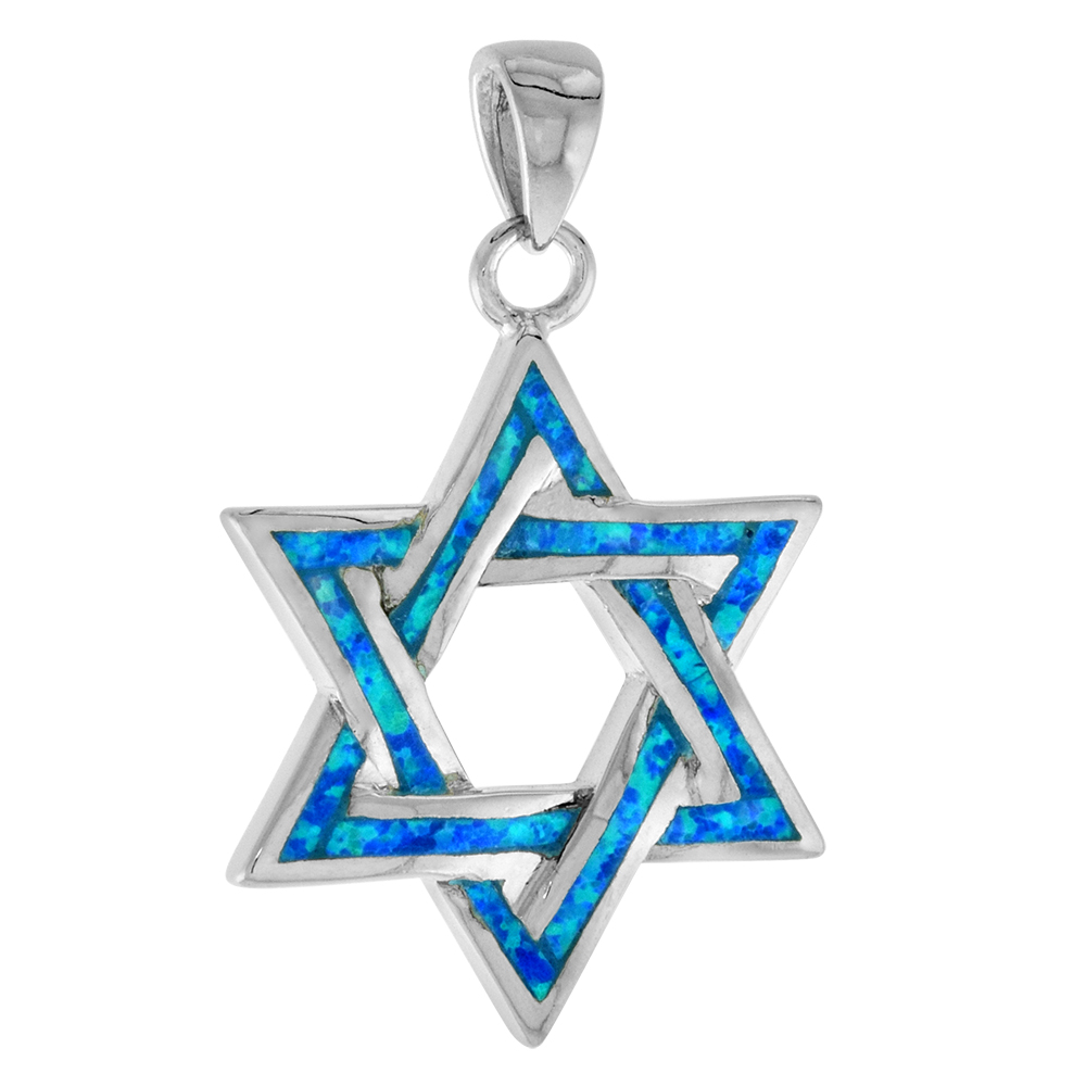 7/8 INCH STERLING SILVER BLUE SYNTHETIC OPAL JEWISH STAR OF DAVID PENDANT FOR WOMEN AND MEN RHODIUM FINISH