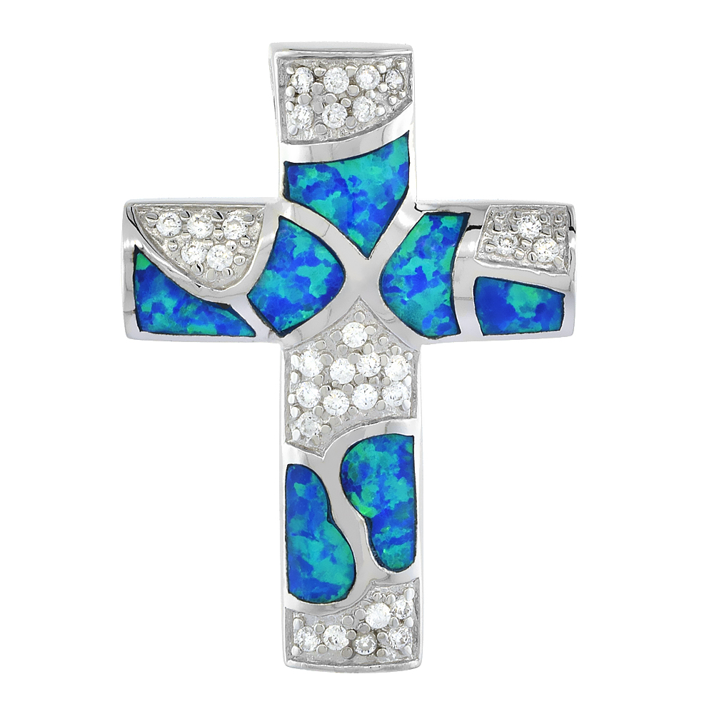 STERLING SILVER SYNTHETIC OPAL CROSS PENDANT FOR WOMEN HAND INLAY & CZ STONES 1 1/4 INCH TALL
