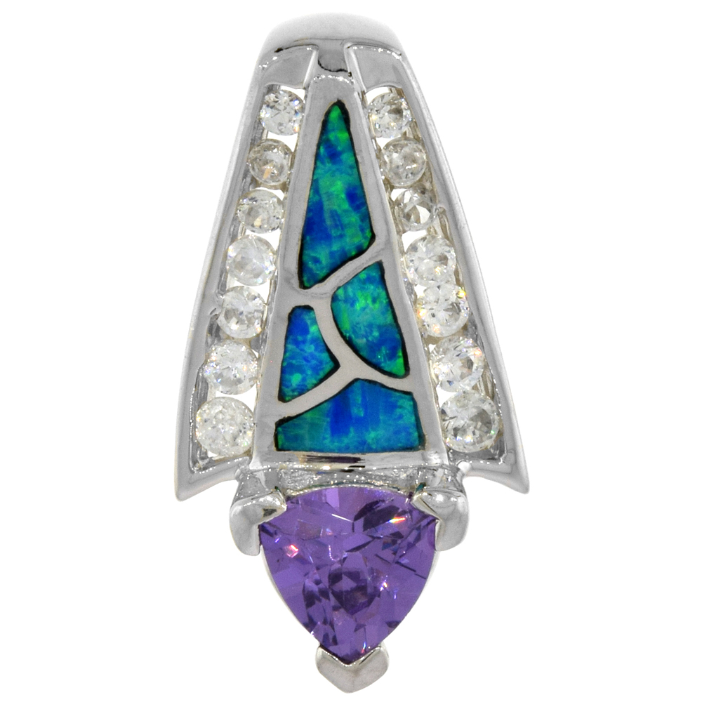 Sterling Silver Synthetic Opal Slide Pendant for Women 8mm Trillion Amethyst CZ Center 1 inch long