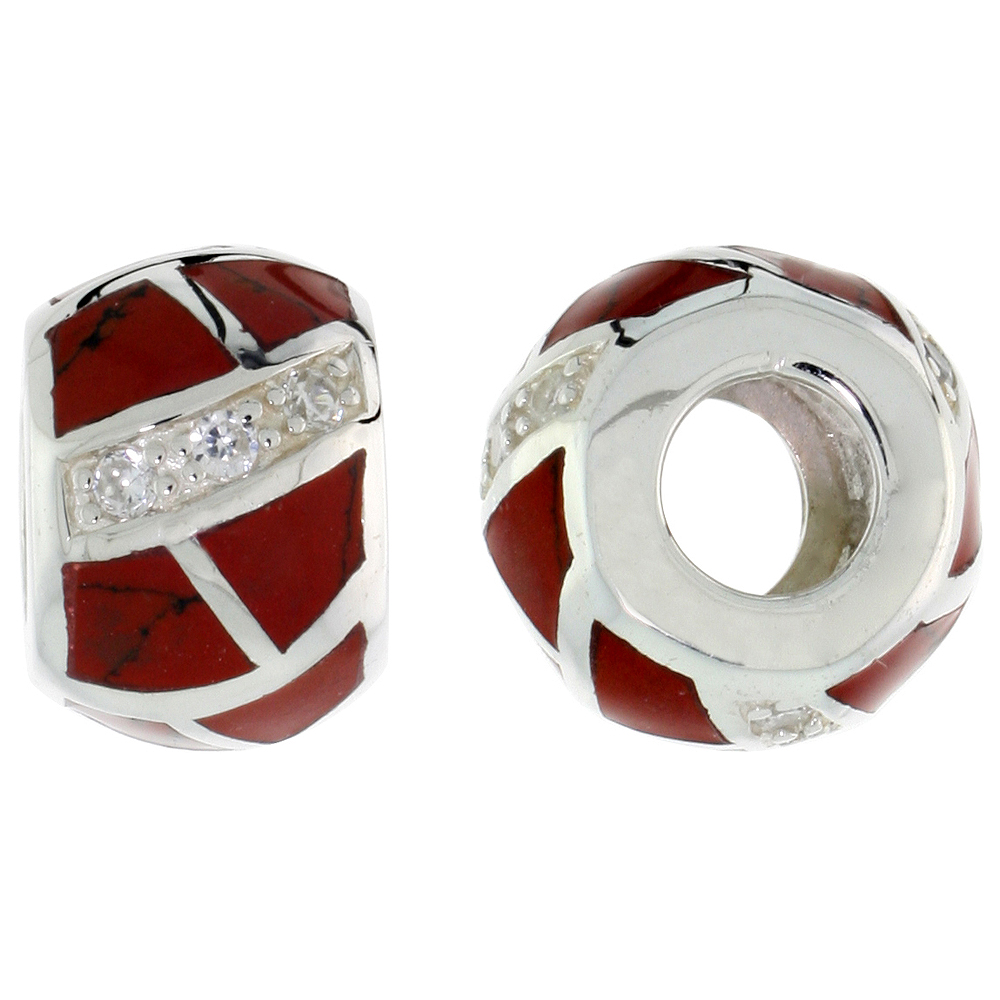 STERLING SILVER SYNTHETIC CORAL BARREL CHARM BEAD CZ STONES FITS ALL CHARM BRACELETS 3/8 INCH
