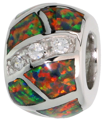 STERLING SILVER SYNTHETIC FIRE OPAL BEAD CHARM CZ STONES FITS ALL CHARM BRACELETS 3/8 INCH