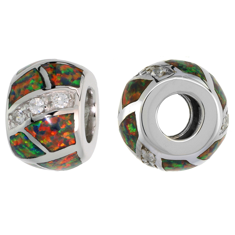 STERLING SILVER SYNTHETIC BROWN OPAL BEAD CHARM CZ STONES FITS ALL CHARM BRACELETS 3/8 INCH