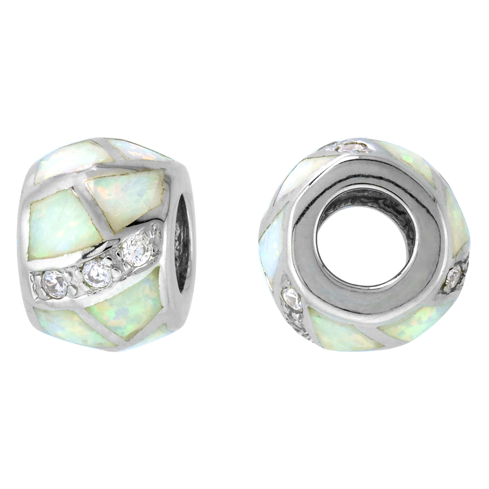 STERLING SILVER SYNTHETIC WHITE OPAL BEAD CHARM CZ STONES FITS ALL CHARM BRACELETS 3/8 INCH