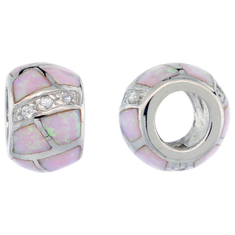STERLING SILVER SYNTHETIC LIGHT PINK OPAL BEAD CHARM CZ STONES FITS ALL CHARM BRACELETS 3/8 INCH