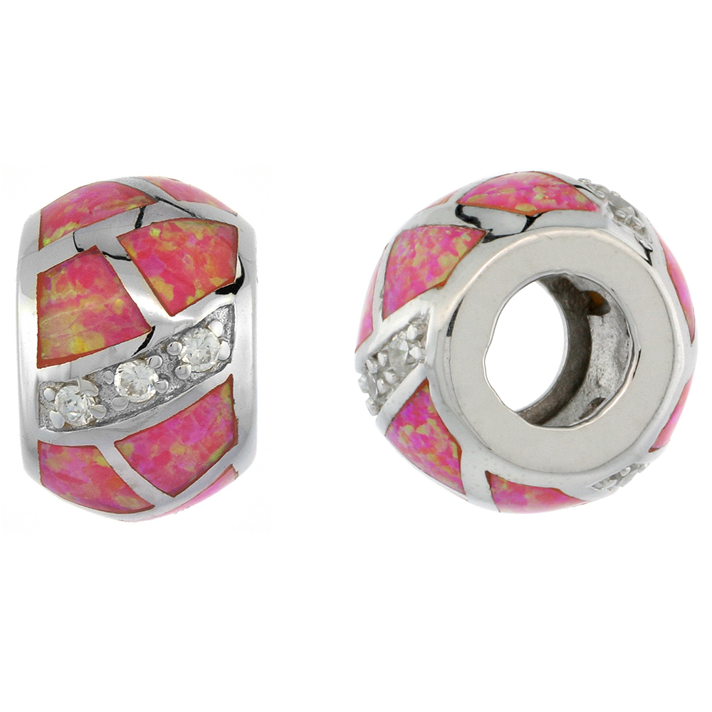 STERLING SILVER SYNTHETIC PINK OPAL BEAD CHARM CZ STONES FITS ALL CHARM BRACELETS 3/8 INCH