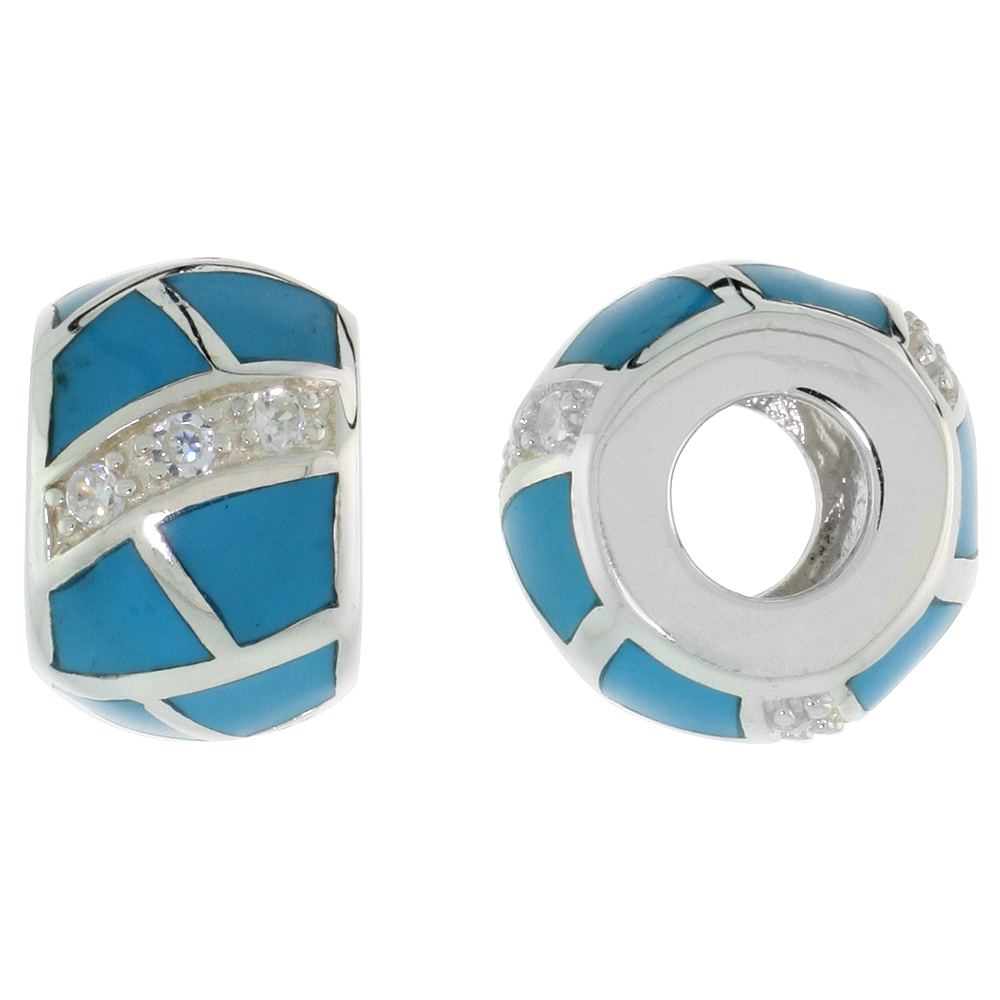 STERLING SILVER RECONSTITUTED TURQUOISE BARREL CHARM BEAD CZ STONES FITS ALL CHARM BRACELETS 3/8 INCH