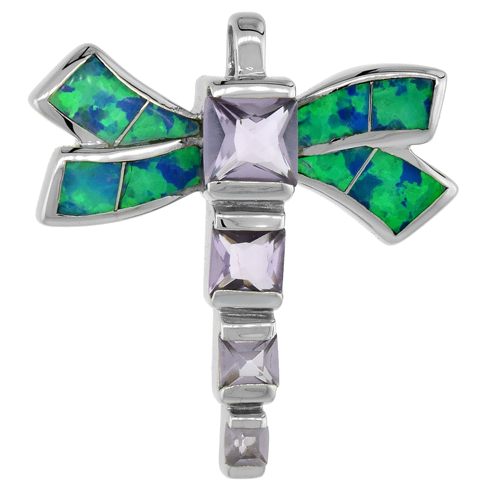 STERLING SILVER SYNTHETIC OPAL DRAGONFLY PENDANT HAND INLAY AMETHYST CZ CUBIC ZIRCONIA ACCENT 7/8 INCH