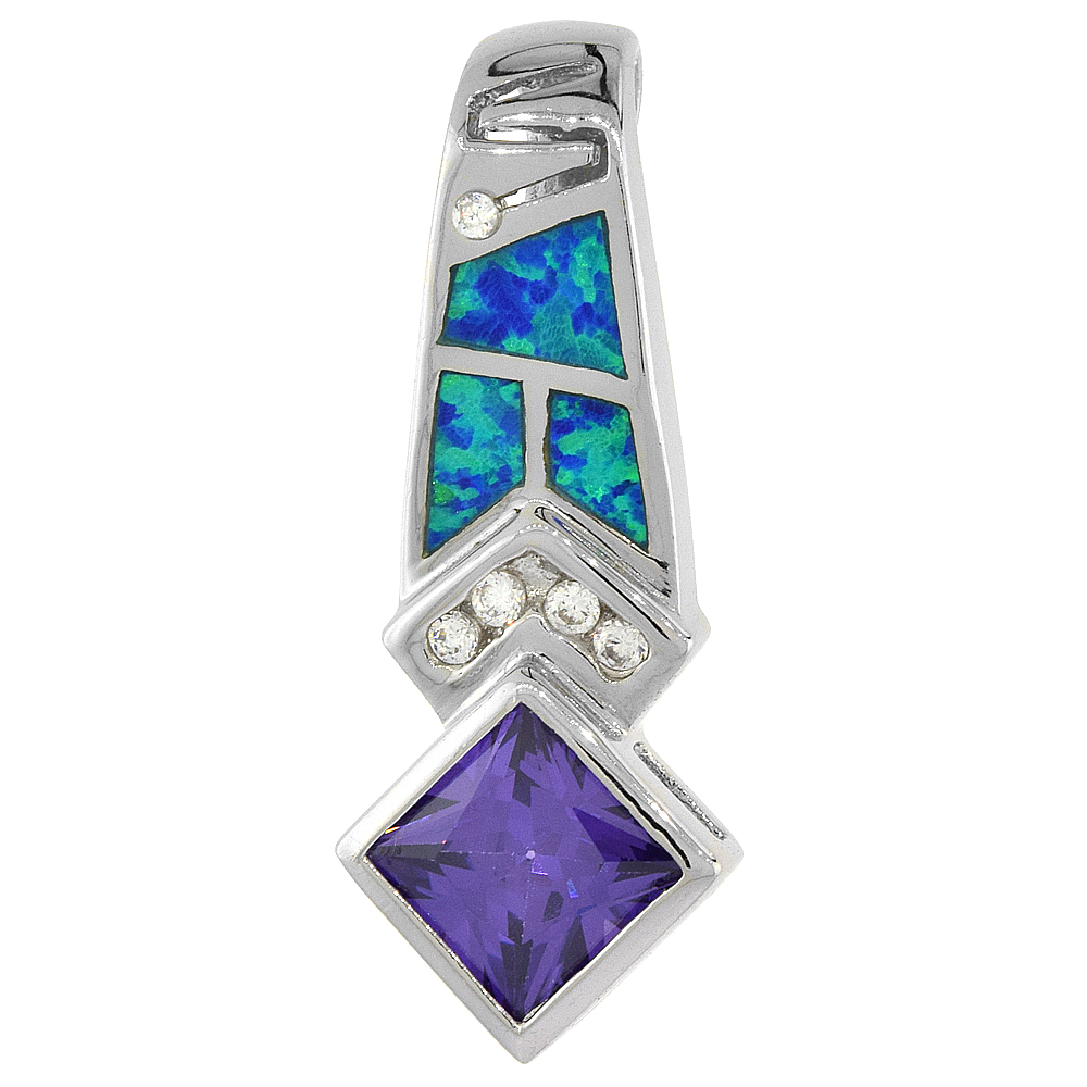 STERLING SILVER SYNTHETIC OPAL PENDANT FOR WOMEN HAND INLAY AMETHYST CZ 9 MM SQUARE 1 3/8 INCH LONG