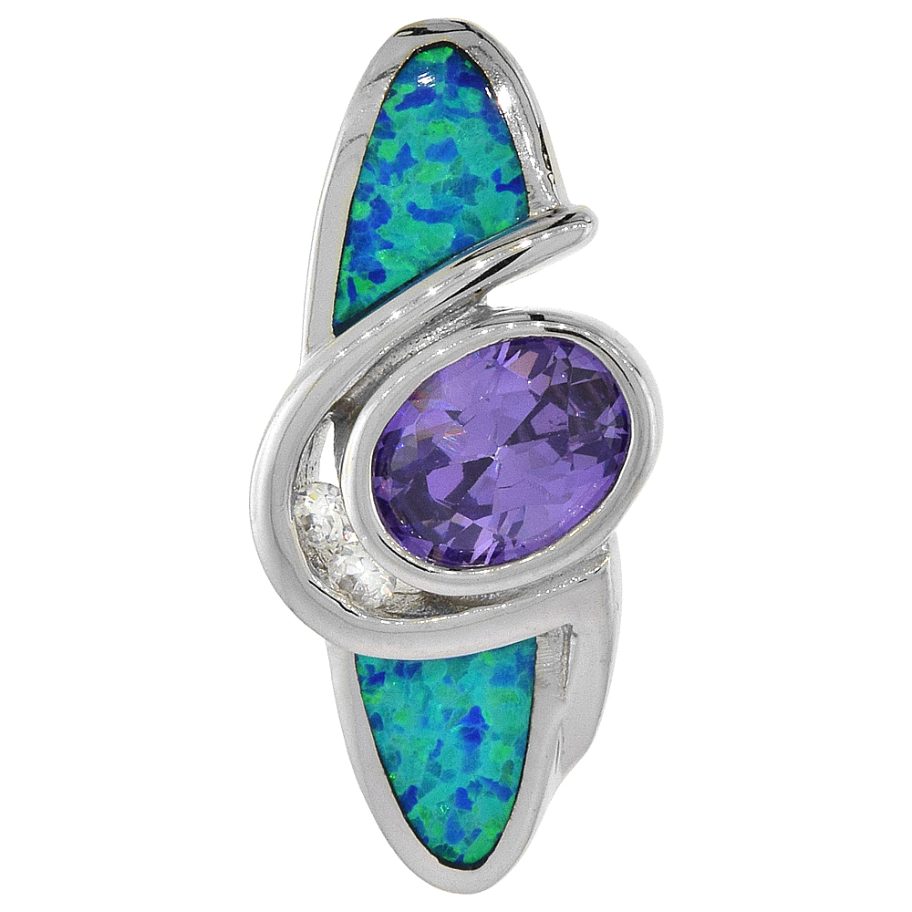 Sterling Silver Synthetic Opal Necklace for Women Amethyst CZ 8x6 mm Oval 1 inch