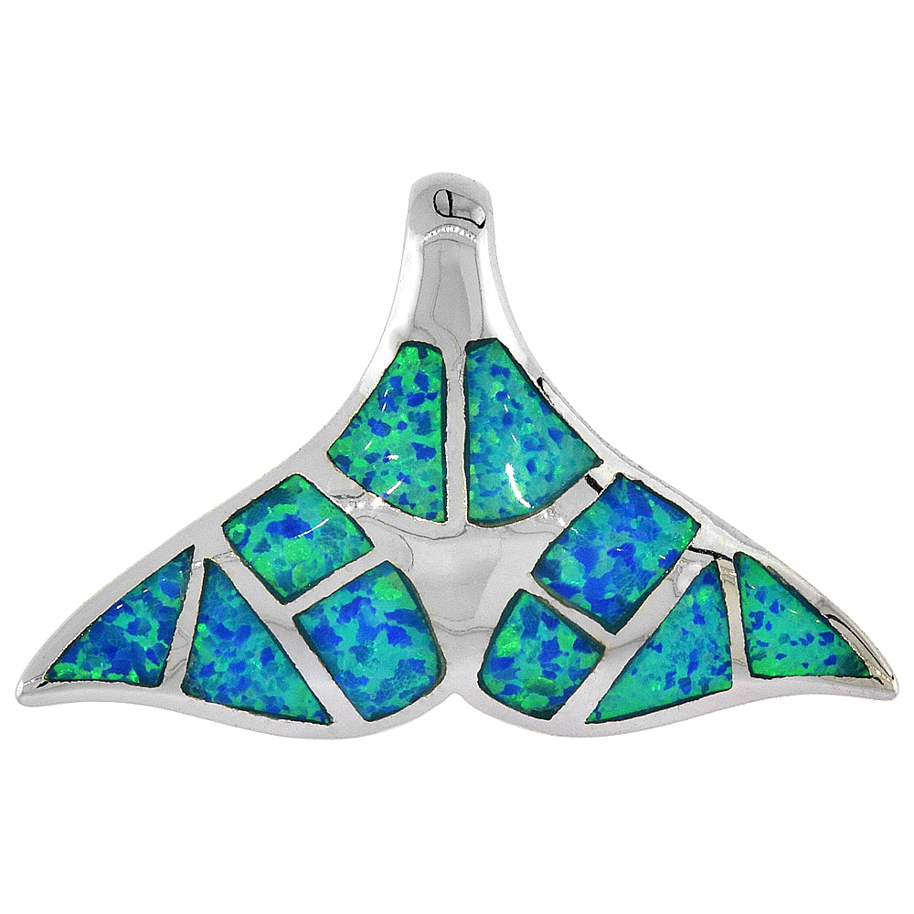 Sterling Silver Synthetic Opal Whale Tail Necklace for Women Hand Inlay 1 1/16 inch wide