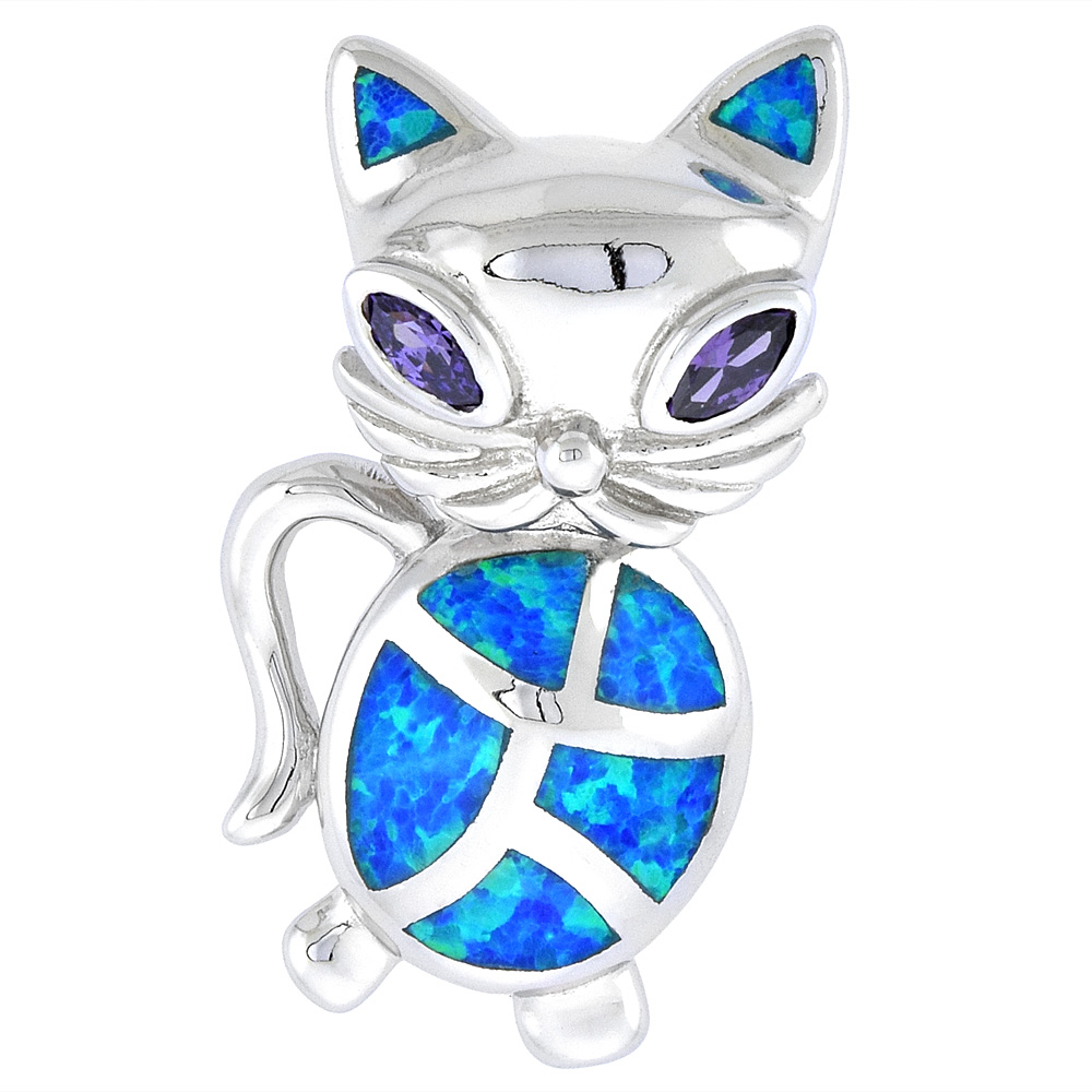 Sterling Silver Synthetic Opal Cat Necklace for Women CZ Accent Hand Inlay 1 inch long