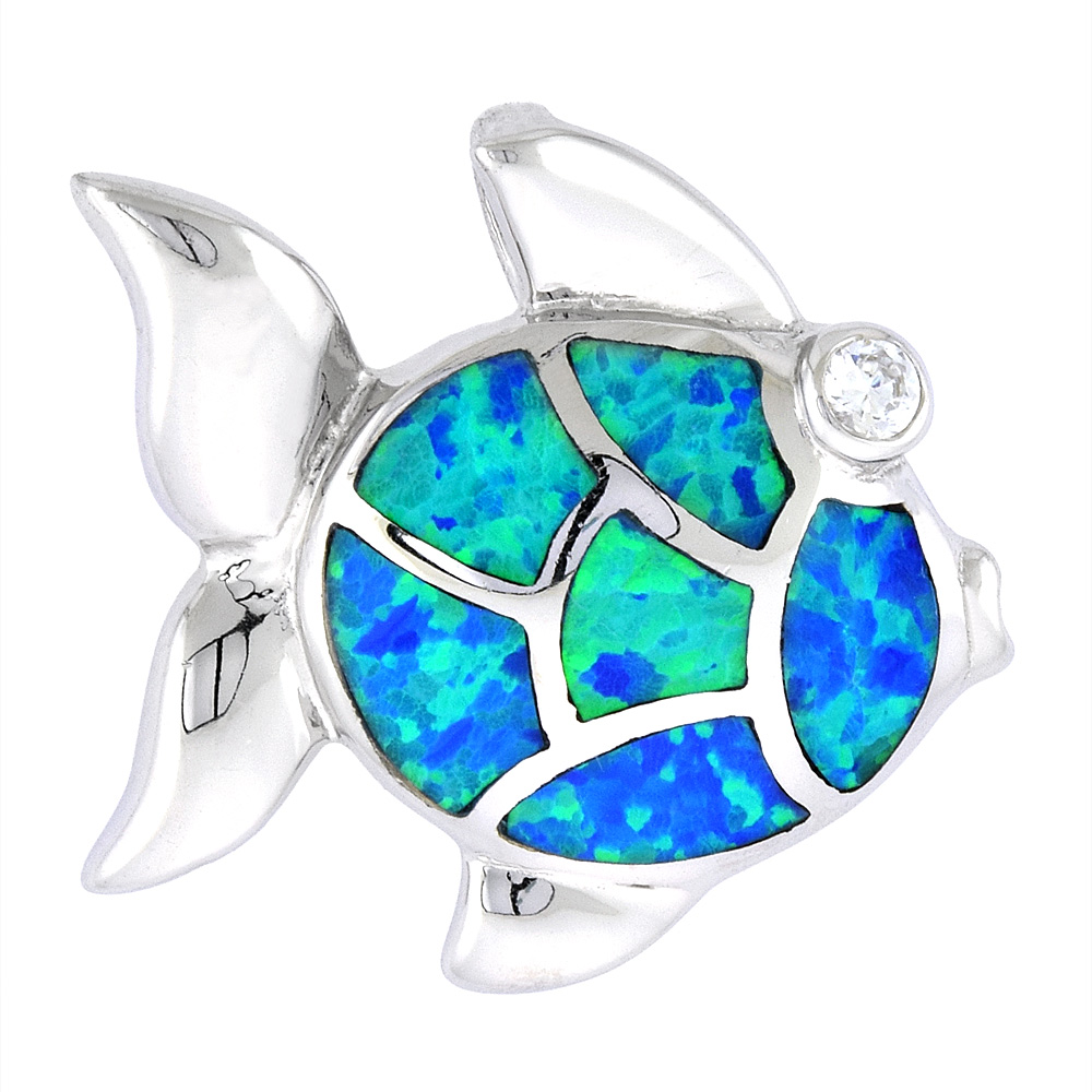 Sterling Silver Synthetic Opal Fish Necklace for Women CZ Accent Hand Inlay 7/8 inch wide