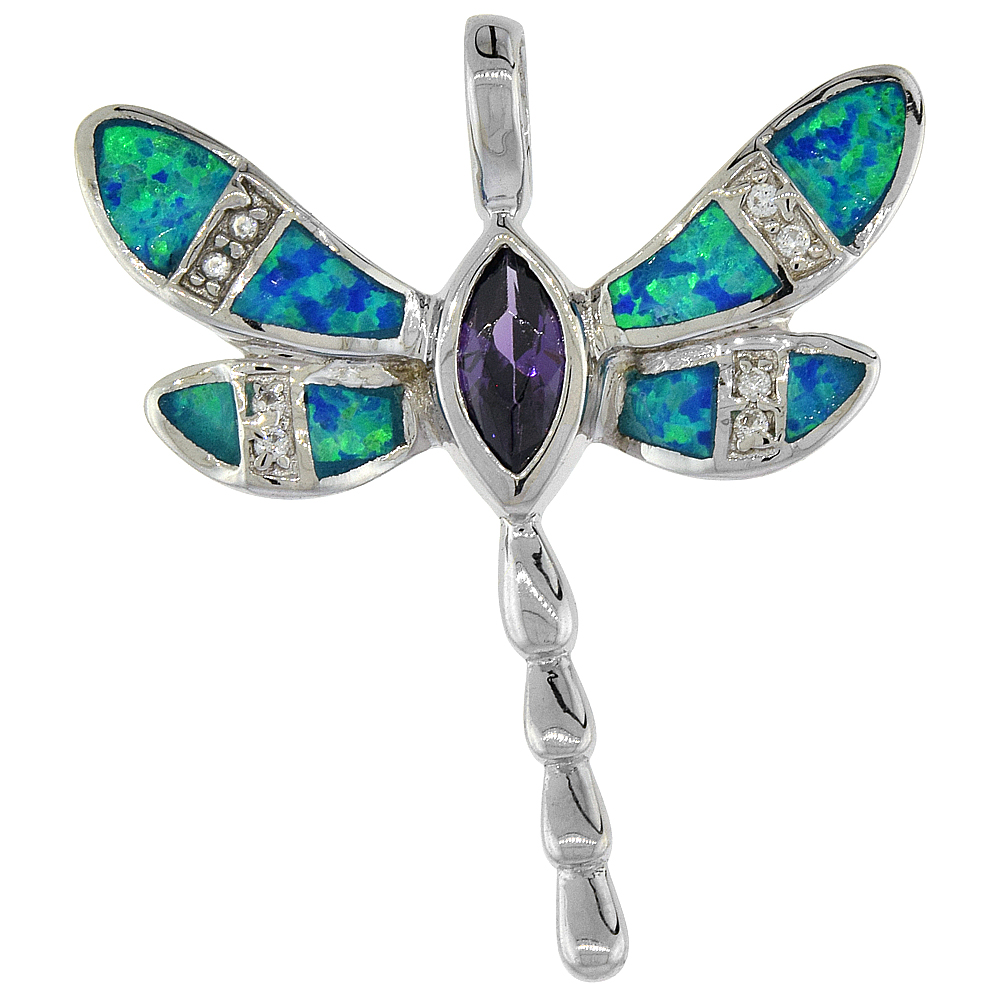 Sterling Silver Synthetic Opal Dragonfly Pendant Hand Inlay Amethyst CZ 5x9 mm Marquise cut 1 5/16 inch