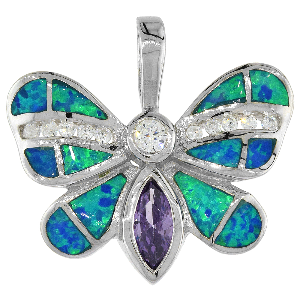 Sterling Silver Synthetic Opal Butterfly Necklace for Women Hand Inlay Amethyst CZ 1 inch