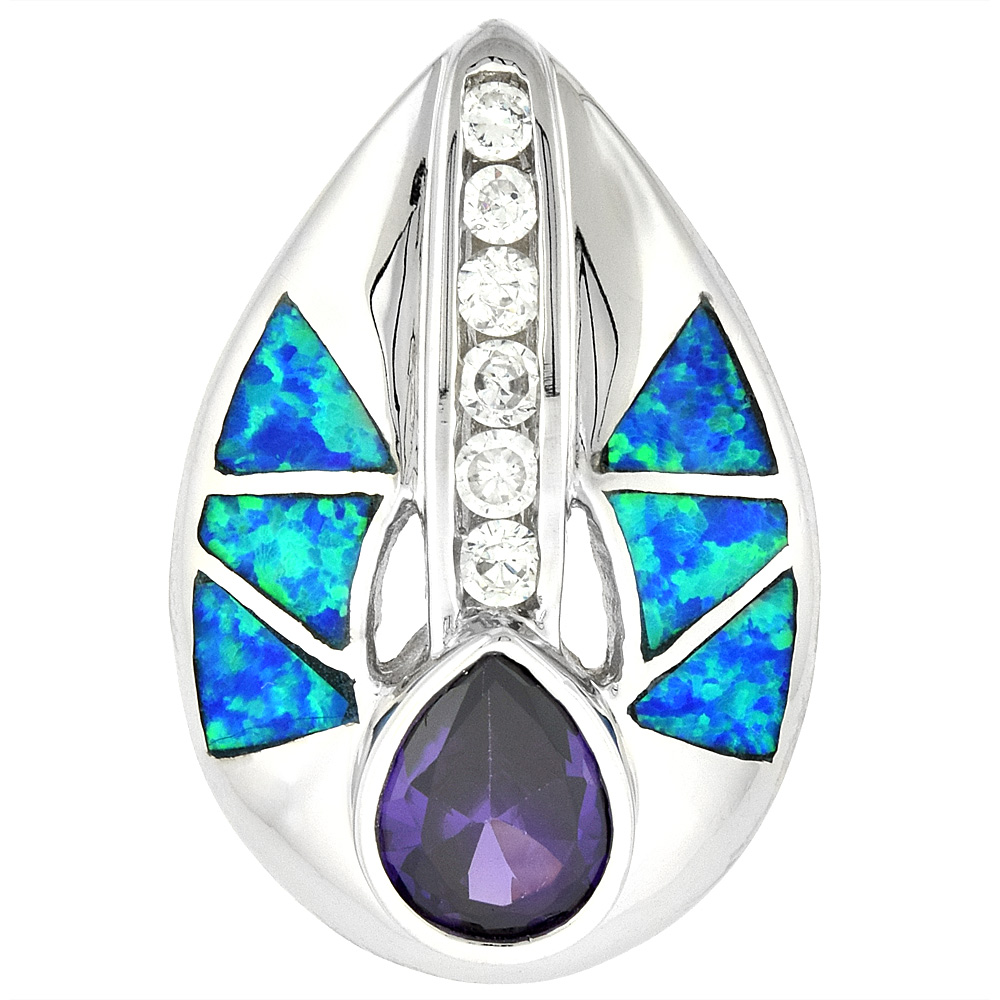 STERLING SILVER SYNTHETIC OPAL PENDANT FOR WOMEN HAND INLAY AMETHYST CZ 7X9 MM TEARDROP 1 INCH