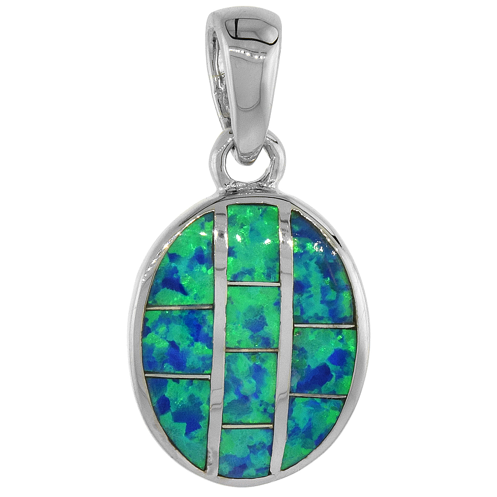 STERLING SILVER SYNTHETIC OPAL OVAL PENDANT FOR WOMEN HAND INLAY 9/16 INCH TALL