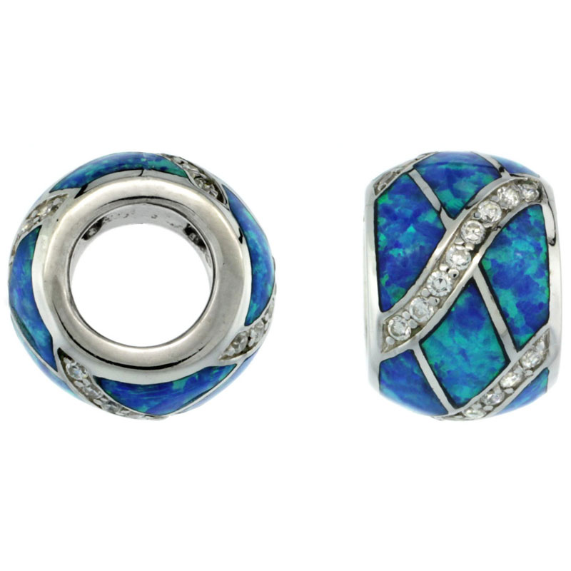 STERLING SILVER BLUE SYNTHETIC OPAL BARREL BEAD CHARM 7.5MM HOLE CZ ACCENT 3/8 INCH