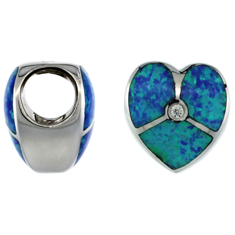 STERLING SILVER BLUE SYNTHETIC OPAL HEART BEAD CHARM CZ ACCENT 7MM HOLE 1/2 INCH DIAMETER