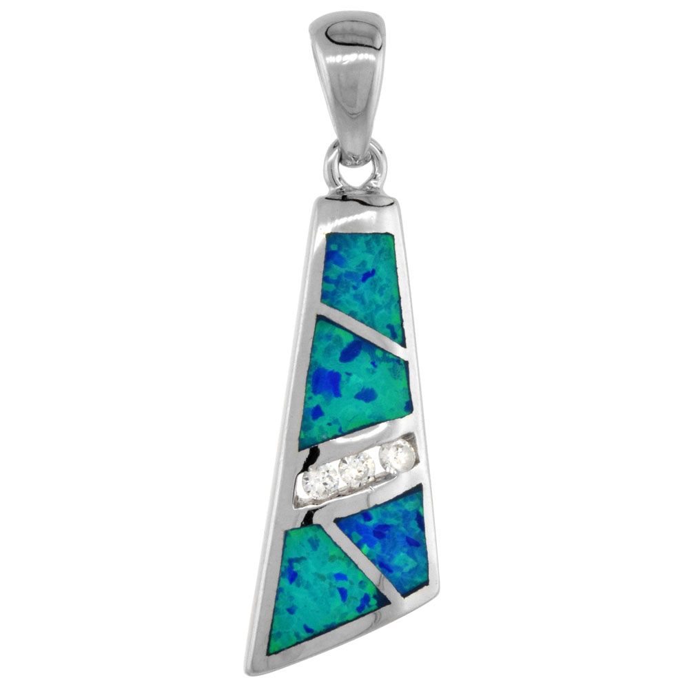 STERLING SILVER SYNTHETIC OPAL TRAPEZOID PENDANT FOR WOMEN HAND INLAY CUBIC ZIRCONIA ACCENT 1 1/16 INCH